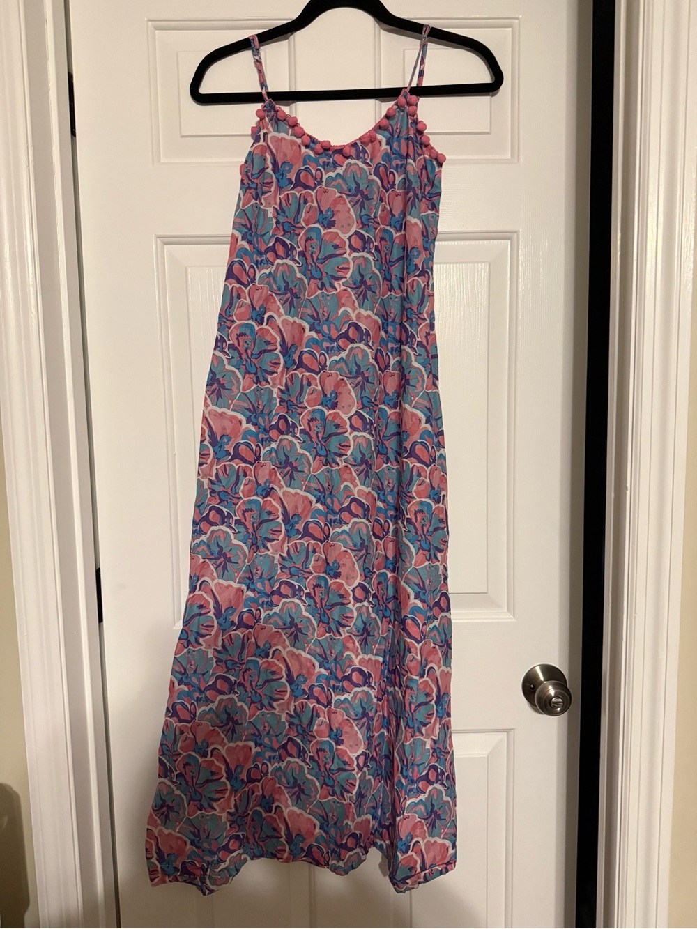 Simply Southern Pink Blue Floral Pom Pom Trim Spaghetti Strap Maxi Dress Size M